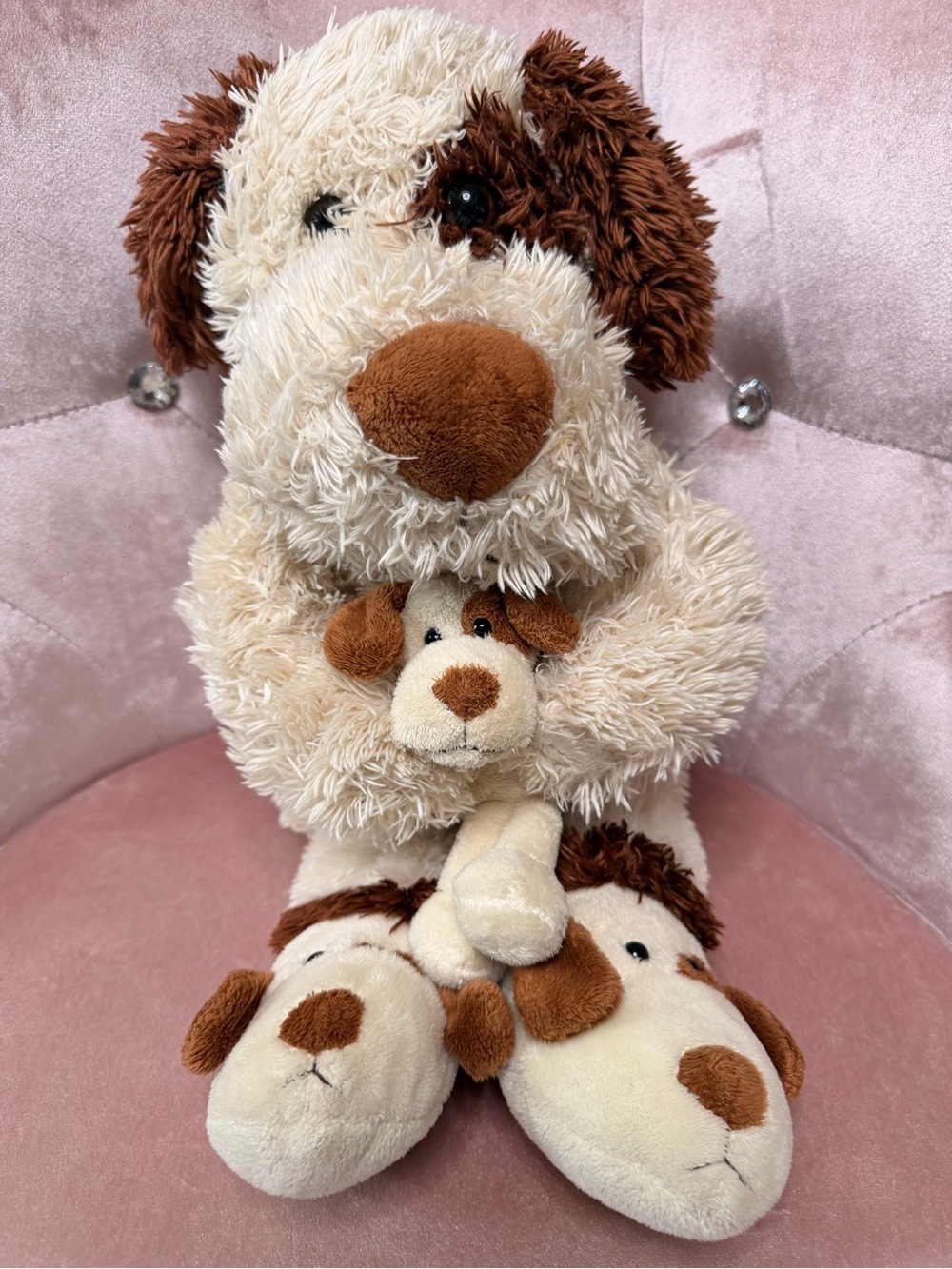 Cuddly Cream & Brown Plush Puppy with Mini Buddy - Soft Stuffed Dog Toy